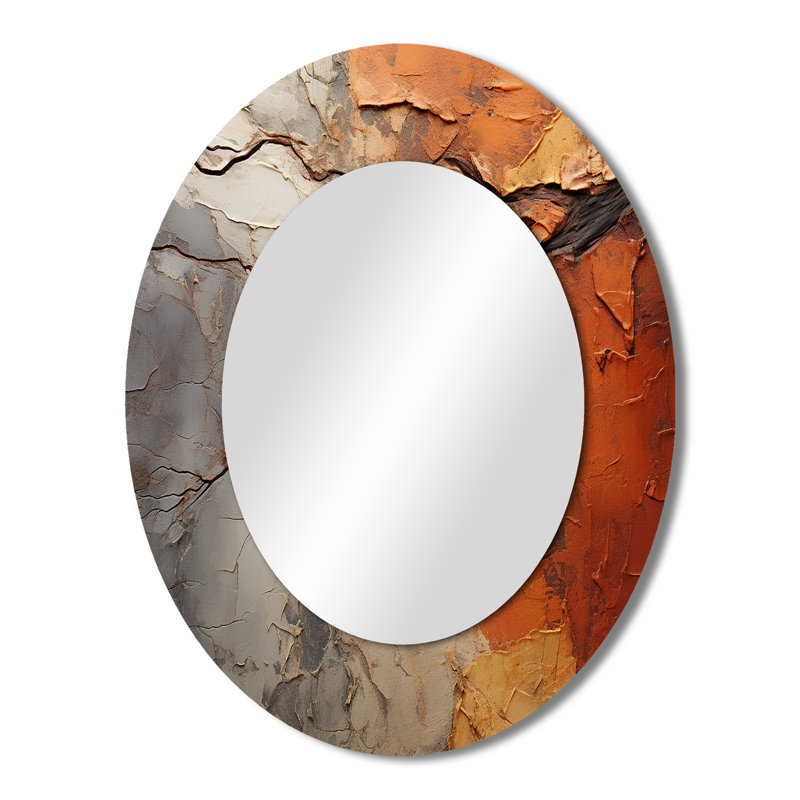 Orange orange gris abstrait séquoia collage - grand miroir mural ovale sur métal, 43 po x 33 po