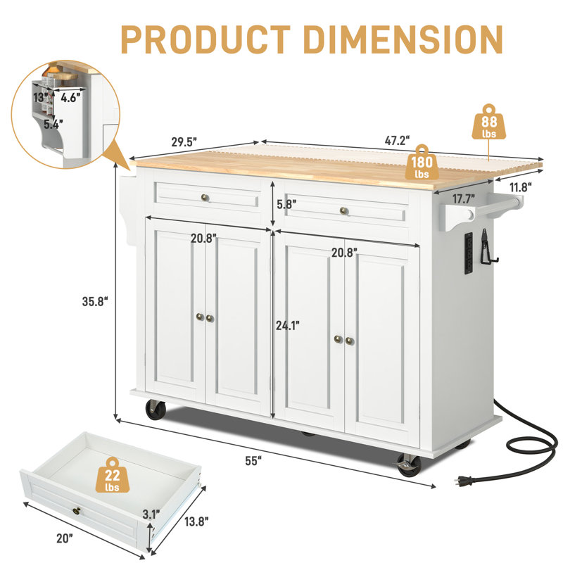 55" Movable Kitchen Island With Drop Leaf And Power Outlet, Rolling Island Cart With Storage Cabinet And 2 Drawers, White