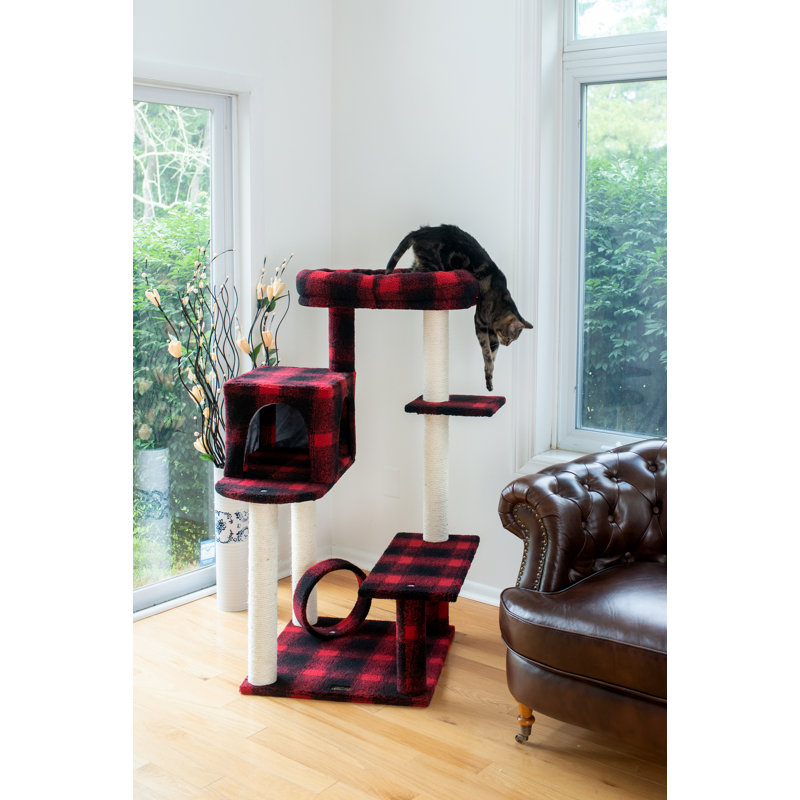 50-Inch Red and Black Plaid Sisal Cat Tree with Lounger