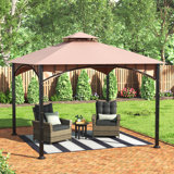 Pavillon de jardin bicolore bronze/bambou avec toit souple en croupe à 2 niveaux et cadre en acier comportant un crochet de plafond de 11 pi x 11 pi Sunjoy
