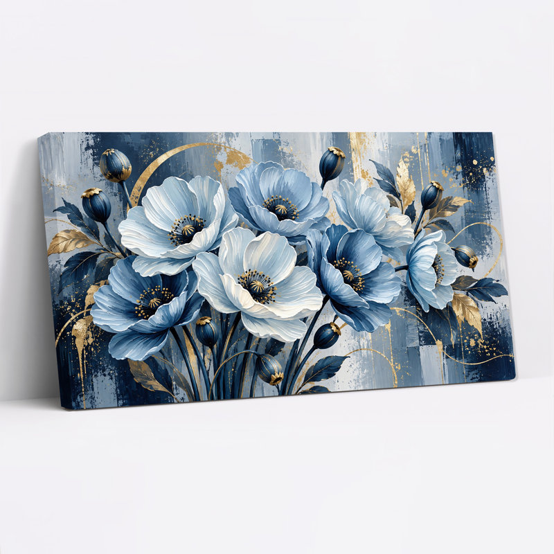 Tableau sur toile « Coquelicots bleus et blancs avec feuilles et coulures dorées », 24"W x 12"H