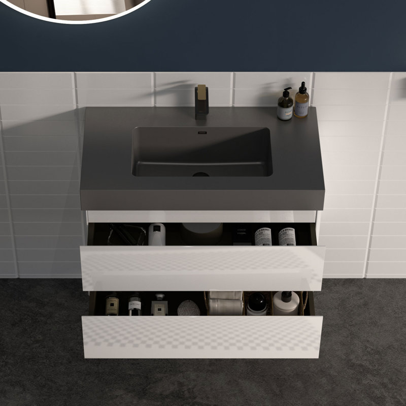 Meuble-lavabo mural simple de 30 po avec comptoir à surface solide avec trop-plein, pré-assemblé, Blanc lustré, Noir mat, 30"