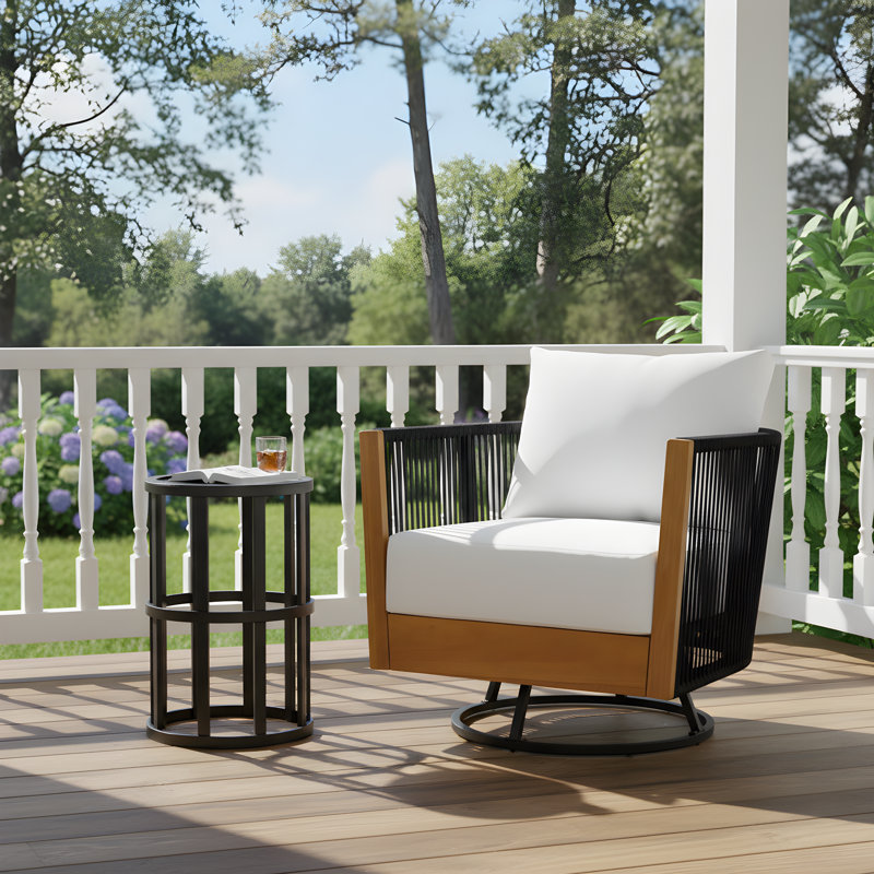 Marne Outdoor Acacia Wood Conversation Set With Woven Rope & Ceramic Side Table, 2 Pcs: Table, Chair