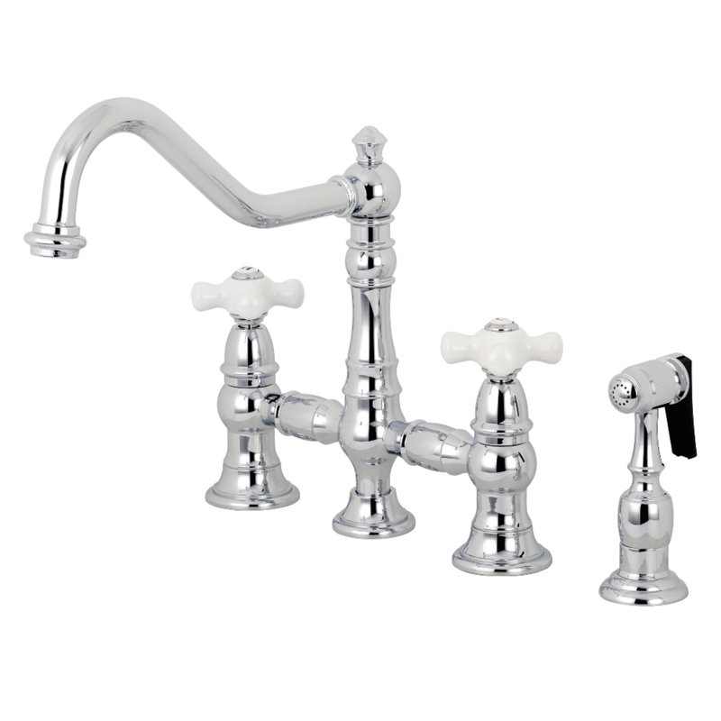 Kingston Brass Restoration Two-Handle 4-Hole Deck Mount Bridge Kitchen Faucet with Brass Side Sprayer, Polished Chrome