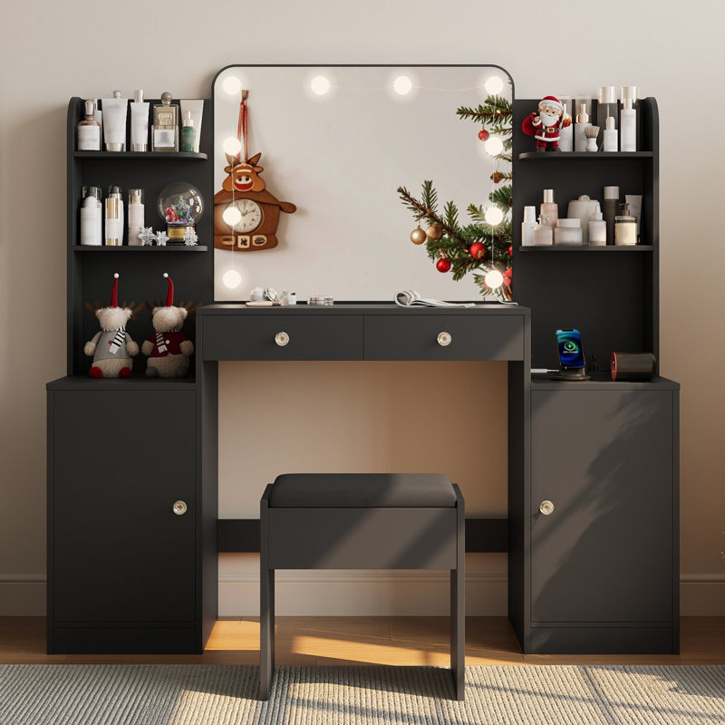 Turinel 53" Large Vanity Desk With Mirror & Lights, Makeup Vanity Set With Stool & Power Outlet, Black