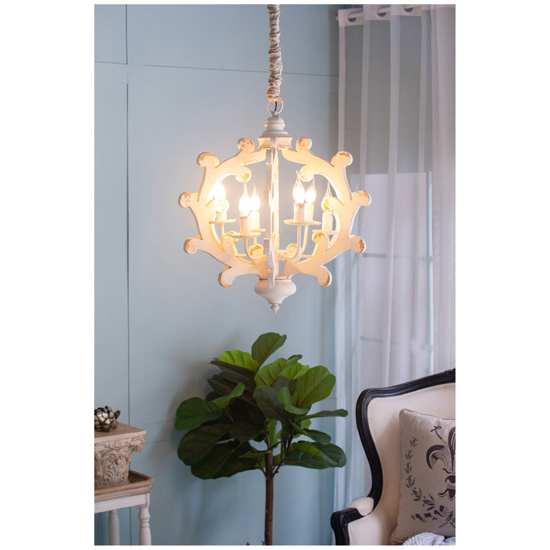 Lustre en bois 6 lumières, luminaire suspendu avec chaîne réglable pour le vestibule de la salle à manger de la cuisine, ampoule non incluse