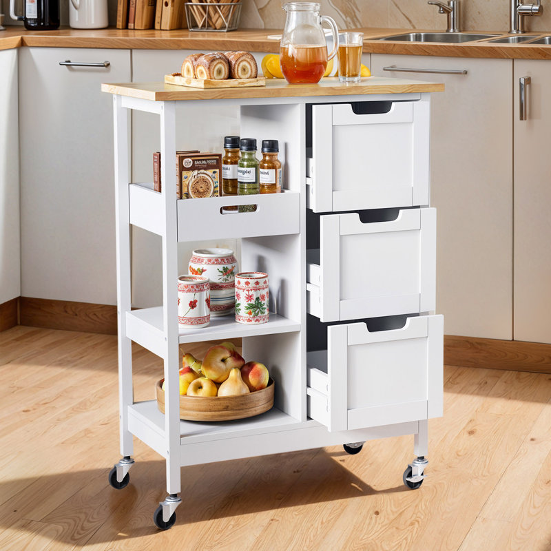Baveline 27"x15" Classic Kitchen Cart, Kitchen Rack on Wheels with Solid Wood Top, Drawers and Multifunction Racks