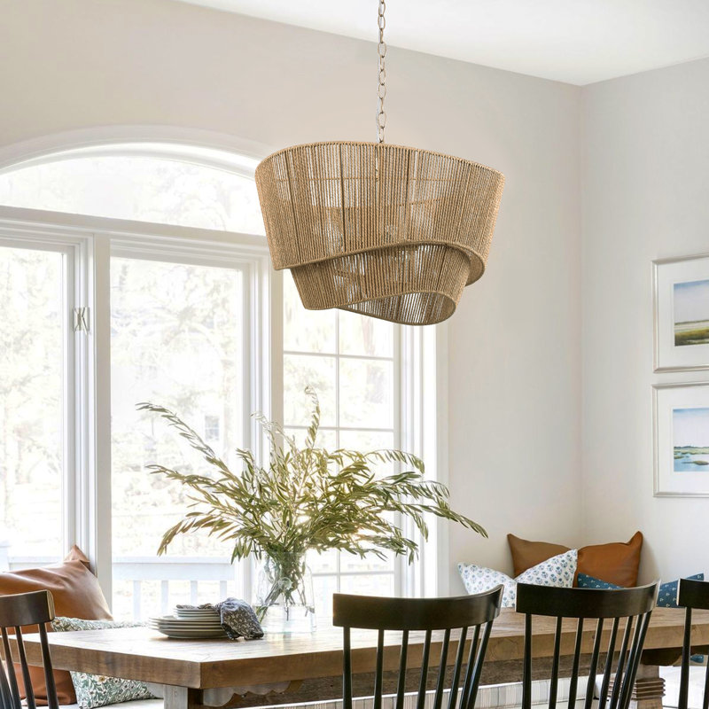 5-light 21" Electroplated Wood Rattan Paper Rope Durm Chandelier for Living Room/bedroom, Natural