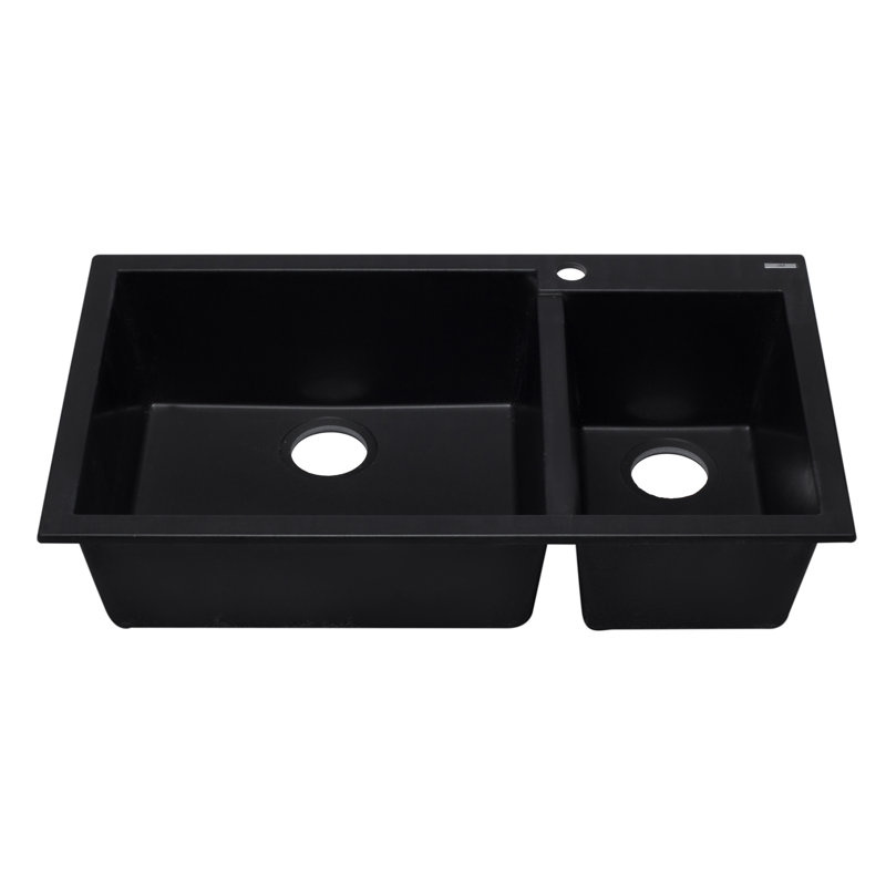 33.88'' L Double Bowl Granite Kitchen Sink, Black