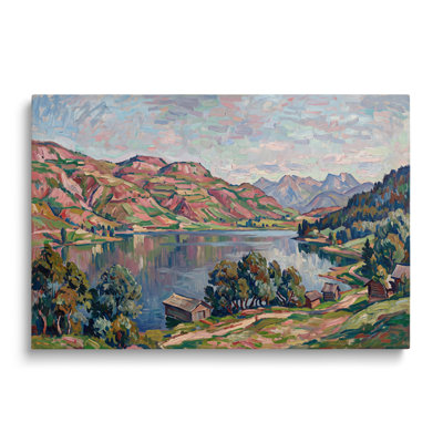 Tableau multicolore sur toile représentant un paysage de chalet au bord d'un lac de montagne, œuvre d'art mural pictural pour le salon, la salle à manger et la chambre.
