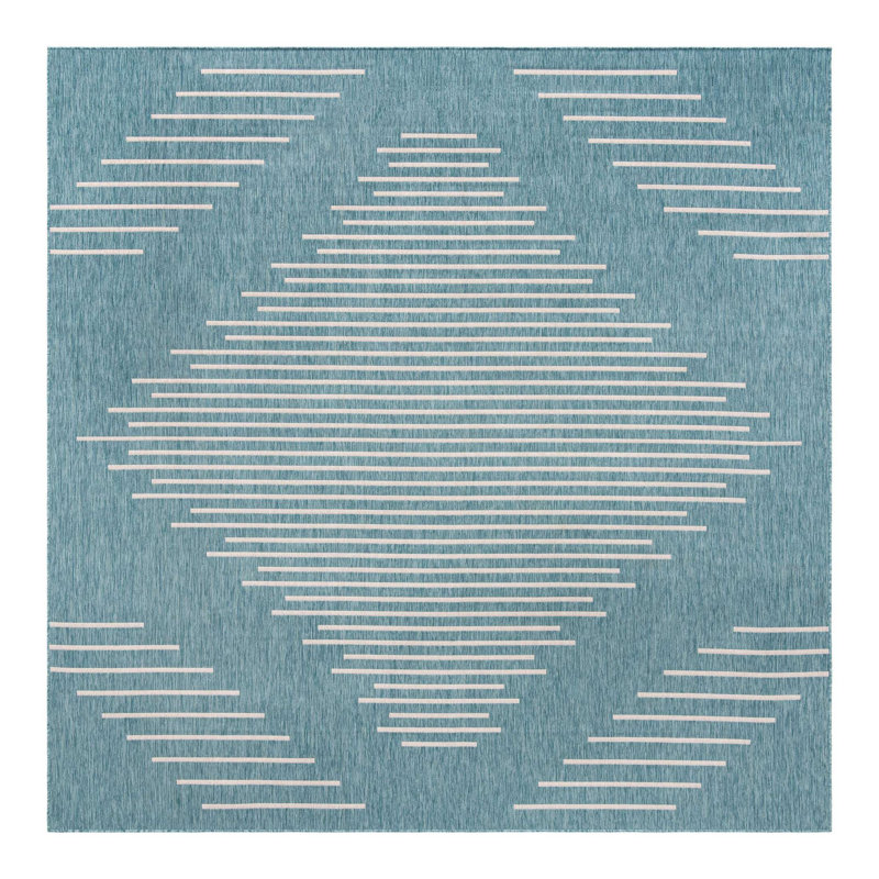 Tapis rayé en polypropylène tissé à la machine intérieur / extérieur gris / bleu, Carré 10 pi 8 po