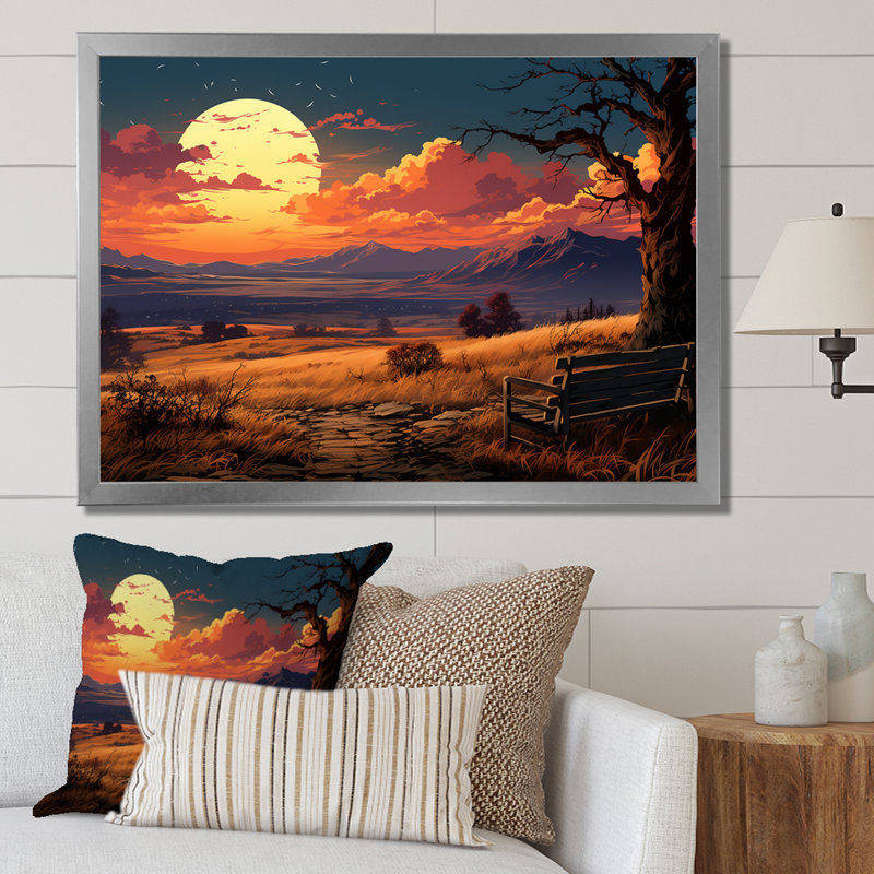 Coucher de soleil silhouette, Cadre de coin argenté fermé, H 30 po x l 40 po x P 1,5 po