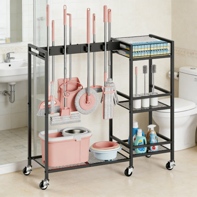 Cleaning Cart With Wheels, 2-In-1 Broom And Mop Holder With Storage Organizer, Mobile Cleaning Supplies Station For Housekeeping, Sturdy Rolling Cleaning Caddy
