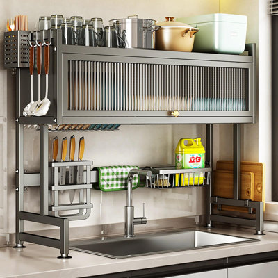Égouttoir à vaisselle au-dessus de l'évier à 3 niveaux avec couvercle, résistant à la rouille, conçu pour durer, facile à installer. Outils simples pouvant accueillir toutes les assiettes, verres et bols, peu encombrant au-dessus de l'évier, cuisine bien rangée (gris mat)