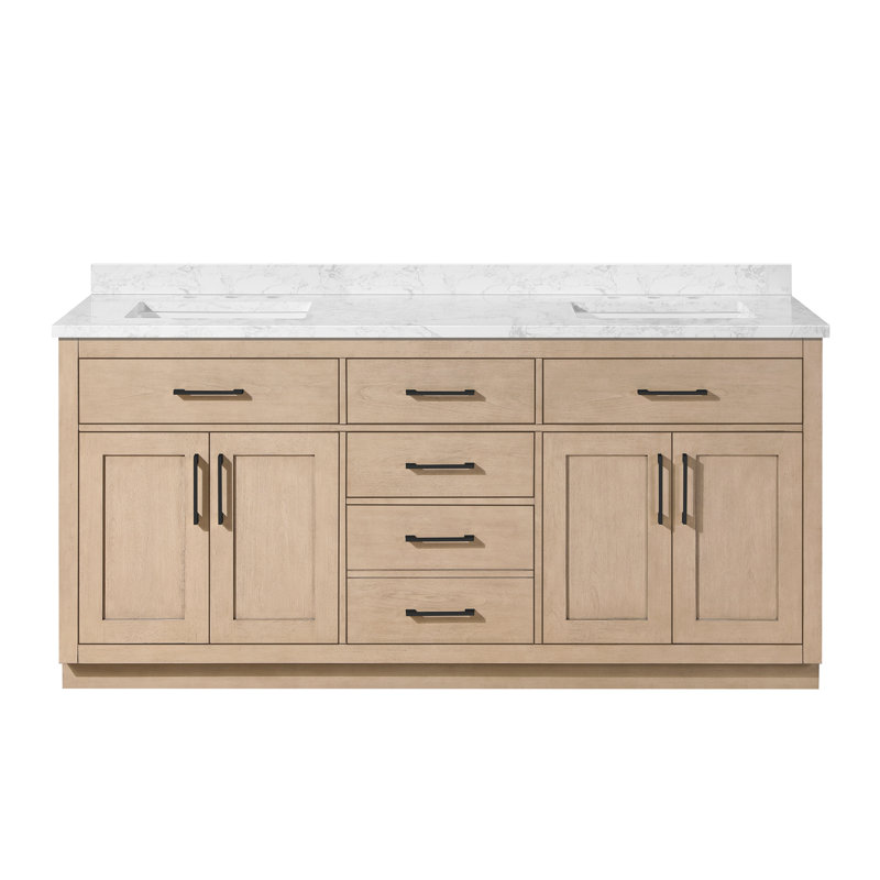 Athea 72 in. Double Sink Freestanding Sahara Birch Bathroom Vanity, White Engineered Marble Top, Matte Black Hardware