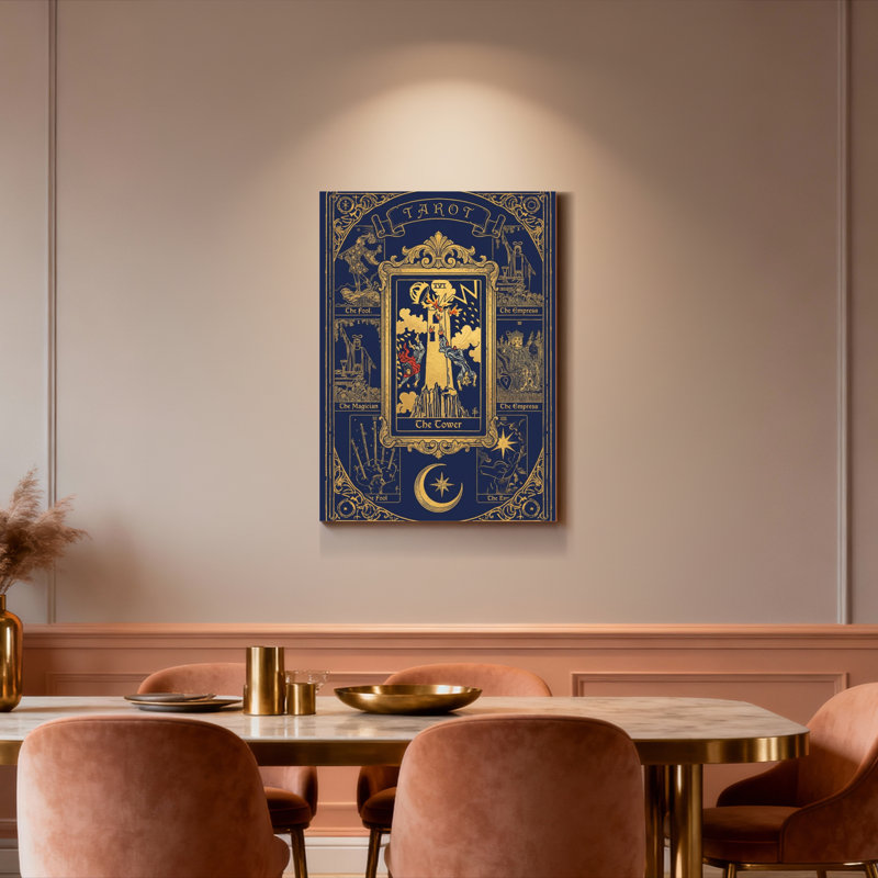 Carte de tarot La Tour, motif orné bleu et or, ensemble de 1, H 48 po x l 32 po