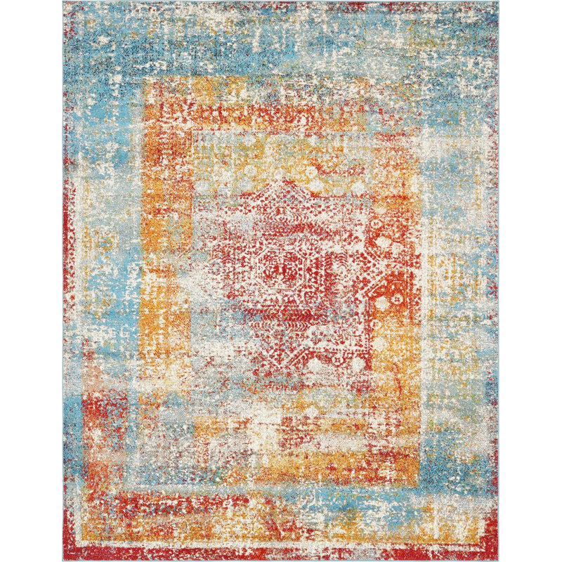Hartell Oriental Blue/Orange/Red Area Rug, Rectangle 8' x 10'