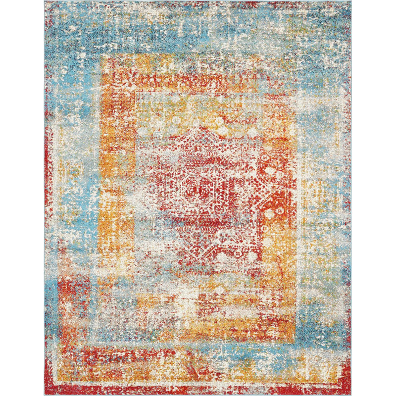 Tapis oriental bleu, orange et rouge Hartell, Rectangle 8 pi x 10 pi