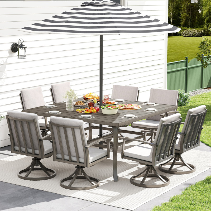 Moffett 9-Piece Gray Aluminum Patio Dining Set With 8 Swivel Dining Chairs And Washable Light Gray Cushions