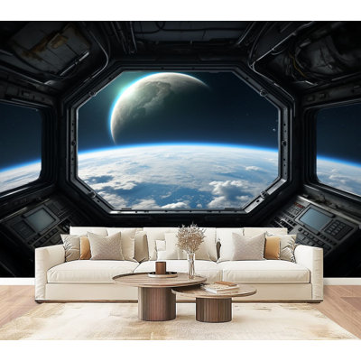 Peel and Stick Wallpaper Futuristic Space Station Interior Planet Earth View Wall Murals 69"H x 96"W Removable PVC Wall Paper Self-Adhesive Wall Decor for Bedroom Living Room Home Office