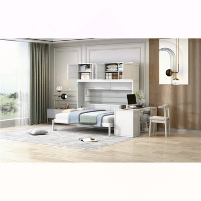 Grand lit escamotable mural avec bureau, tablettes de rangement et grands armoires, blanc