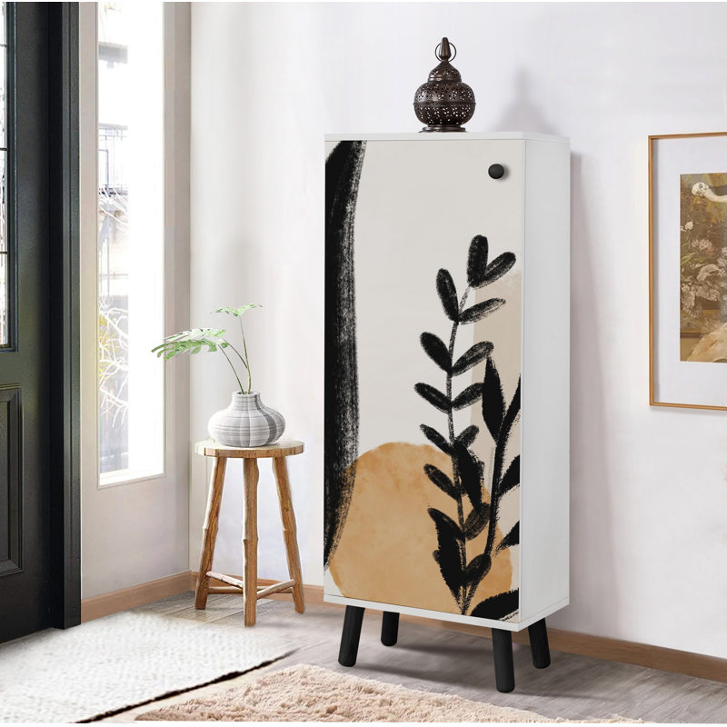 Stylish Shoe Cabinet with Solid Wood Legs & Handles, Abstract Design, 19.7 x 53.1 x 15.0 inches | 100% Melamine Coated Chipboard with UV Coating | Multiple Shelves, Modern Black & White Finish, Ideal for Organized Entryway