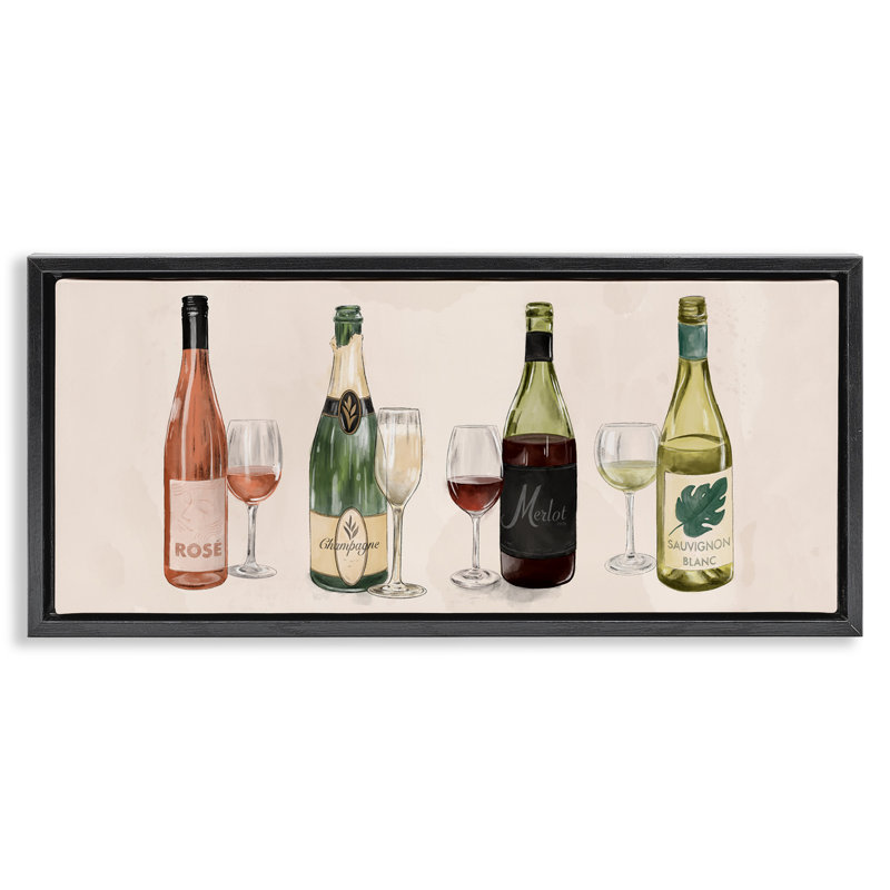 Various Wine & Champagne Bottles, Jet Black Floater Frame, 14" H x 31" W