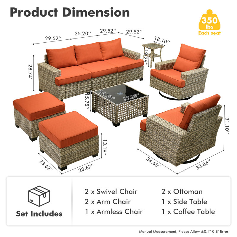 
Burcin Outdoor Rattan Woven Sofa With Luminous End Table And Swivel Chair, Orange