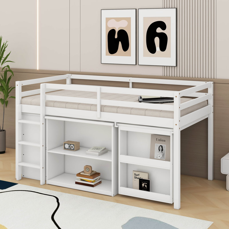 Lit mezzanine simple avec armoire à tiroirs, armoire à tablettes et bureau, Blanc
