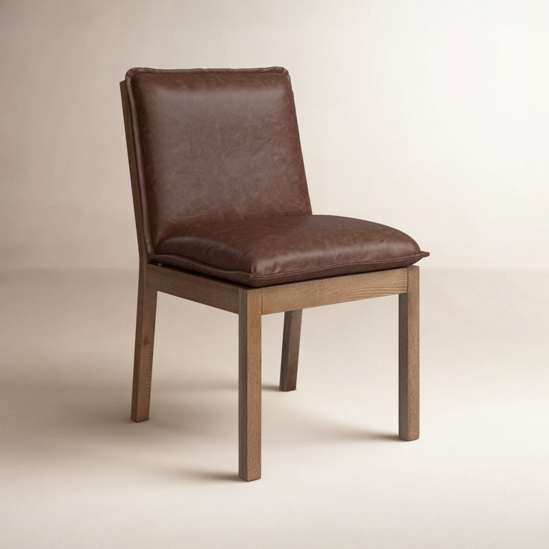 Wautoma Linen Upholstered Dining Chair in Beige, Brown Genuine Leather