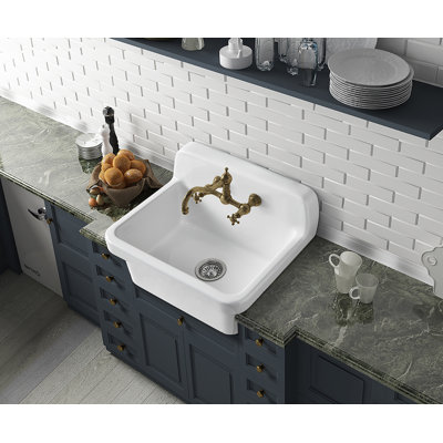 ELLAI 24-Inch White Ceramic Farm Style Wall Mount Utility Sink High Back Wall Mounted Laundry Tub