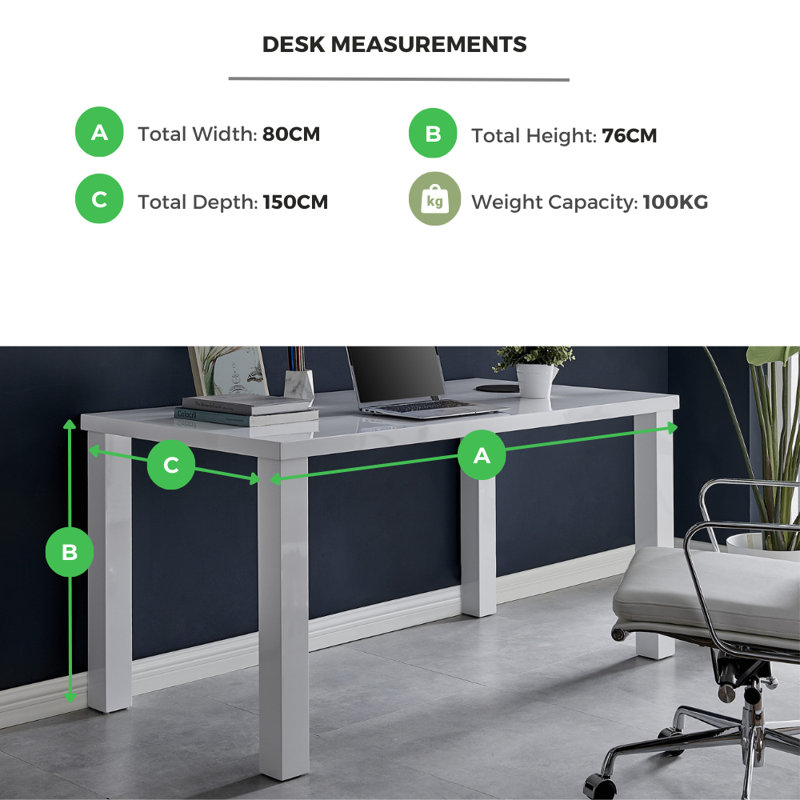 Scottsmoor Modern High Gloss Grey Home Office Desk, Gray, 75cm H x 150cm W x 80cm D