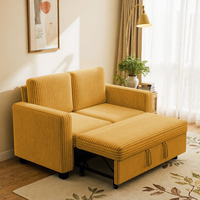 58.1 Inch Orange Corduroy Modular 2-Seat Pull-Out Sofa Bed – Cozy 2-in-1 Convertible Couch for Small Living Spaces