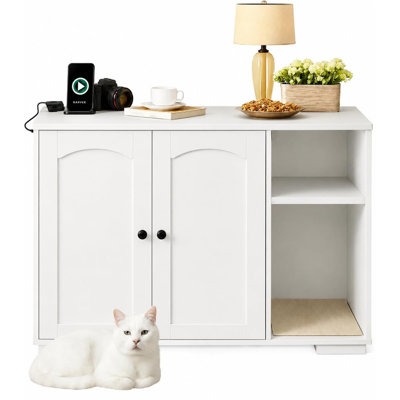 Large Cat Litter Box Enclosure, Hidden Litter Cabinet with Power Outlet & Pet Proof Design