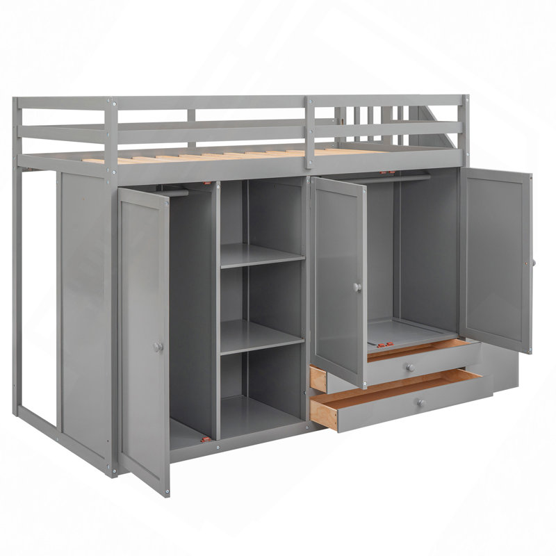 Lit mezzanine fonctionnel avec 3 tablettes, 2 armoires et 2 tiroirs, échelle avec rangement, aucun sommier nécessaire