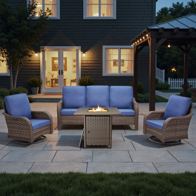 Ensemble de conversation d'extérieur en osier pour 5 personnes avec coussins confortables, ensemble de meubles de patio à haut dossier avec chaises berçantes pivotantes et table de foyer