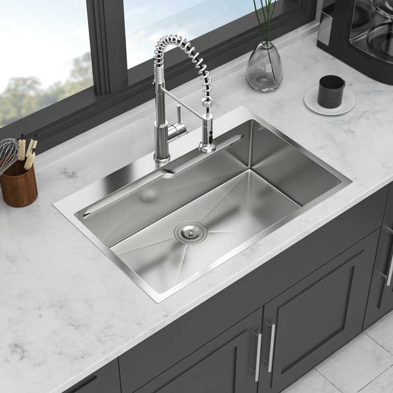 Évier de cuisine 33 * 22 pouces encastré - Acier inoxydable de calibre 16. T304 Fiabilité. Rebord en forme de Z. Drain silencieux et efficace. Garantie complète de qualité d'accessoire. Sans effort
