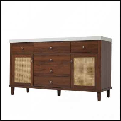 Meuble-lavabo de 60 po avec lavabo SMC, rangement spacieux, tiroirs à fermeture en douceur, portes en rotin et pieds en pin pour les salles de bain modernes