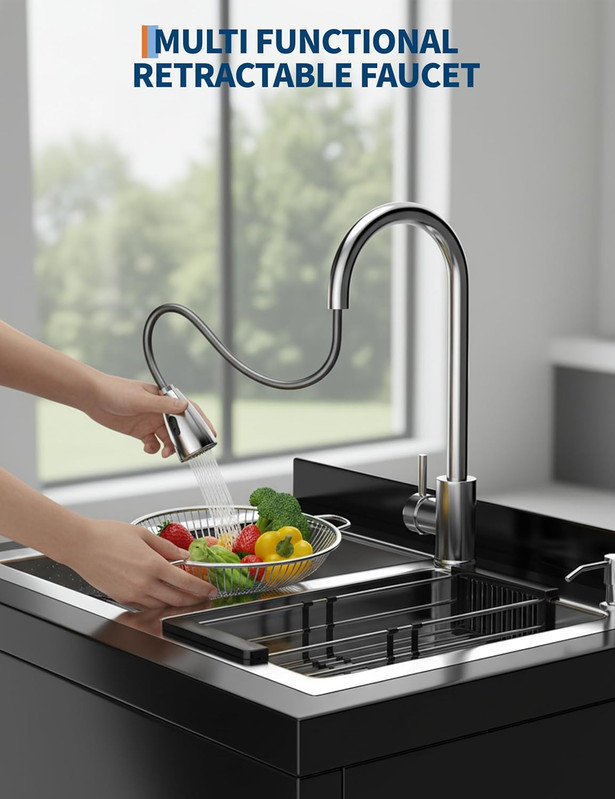 Stainless Steel Utility Sink with Pull-Out Faucet, Large Freestanding Laundry Sink for Garage