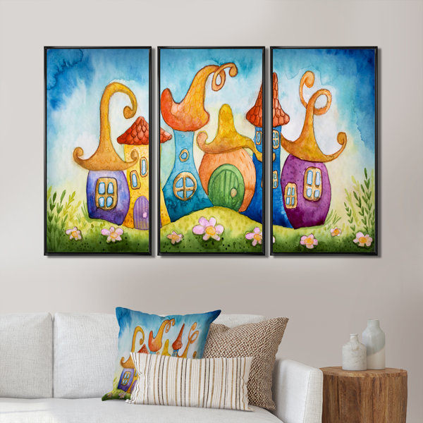 Trinx Fairy Tale Houses In Blue And Orange Framed On Canvas 3 Pieces ...