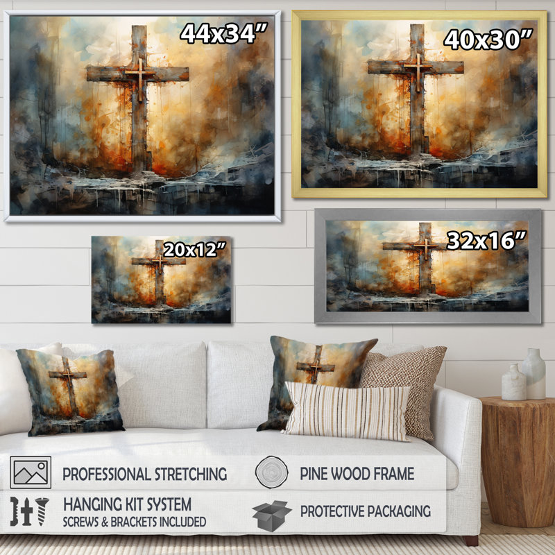 Croix, symbole puissant - art mural, Cadre doré simple, H 16 po x l 32 po x P 1 po