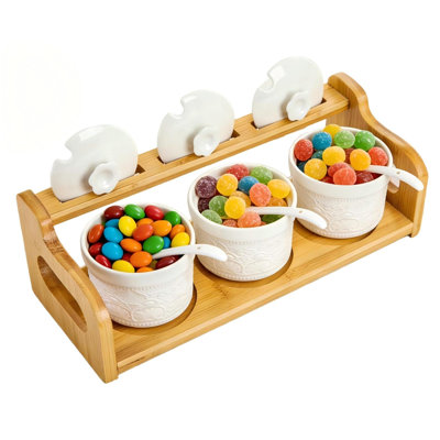 5 Oz Ceramic Chip Dip Sauce Bowls With Spoons Lids, 3 Condiment Seasoning Jars With Bamboo Tray