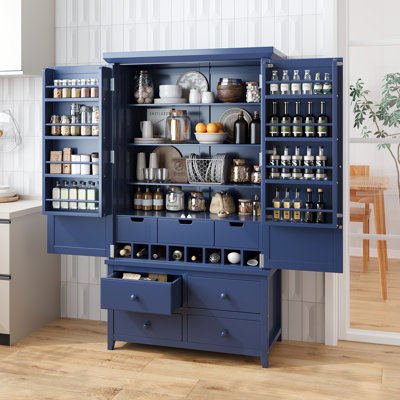 [Assembly&Show Video Available] TOPMAX Freestanding Large Kitchen Pantry Wooden Kitchen Storage Cabinet Cupboard With 8 Door Shelves,3 Adjustable Shelves,7 Drawers& 8 Wine Racks, Blue, Cabinet