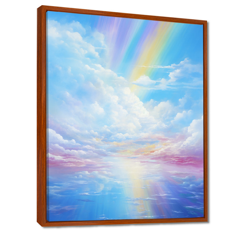 Rainbow In Pink Clouds Blue Sky - Clouds Wall Art, Brown Floater Framed Canvas, 32" H x 16" W x 1" D
