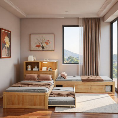 L-shaped Platform Bed With Storage Cabinets, Desk, Trundle And Led Light