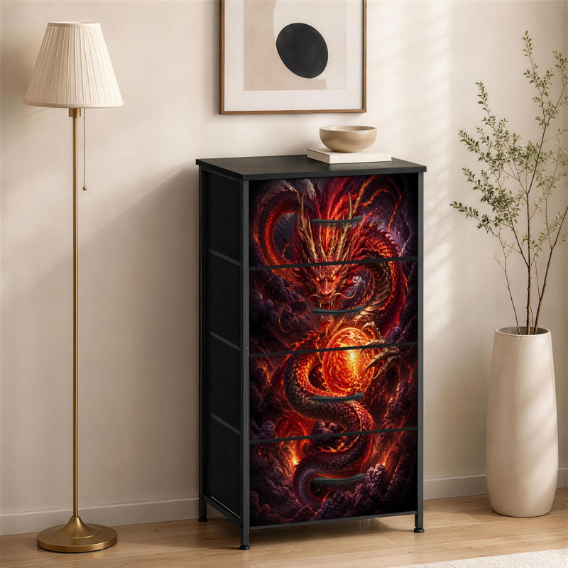 Commode à 4 tiroirs pour chambre à coucher Dragon rouge fantaisie aux yeux brillants et orages foncés