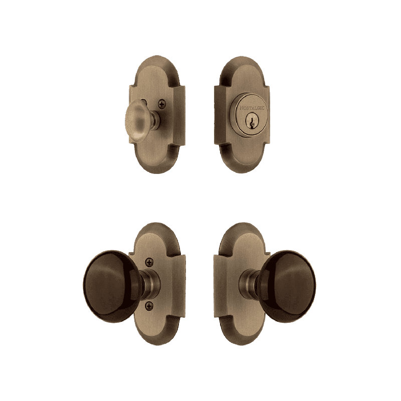 Nostalgic Warehouse Cottage Entry Set with Brown Porcelain Knob, 2.75", White/Antique Brass