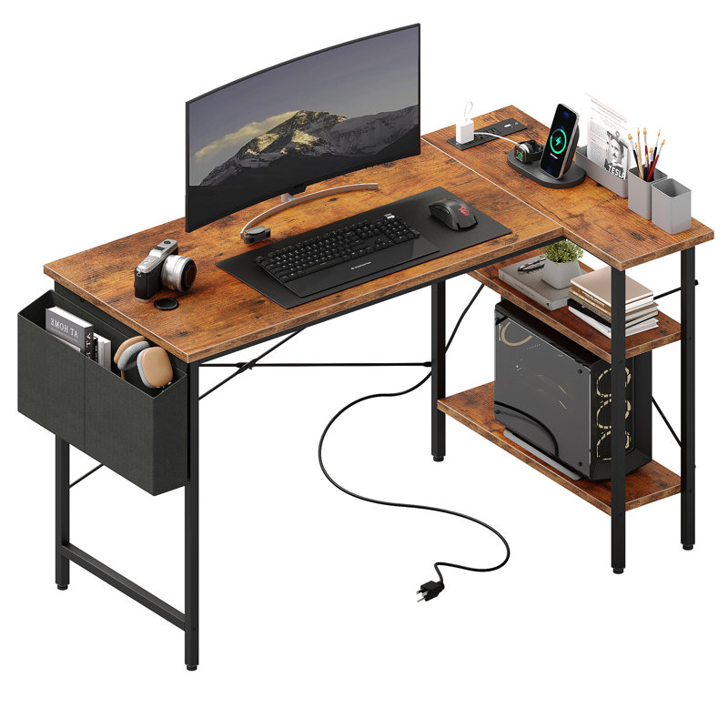 39 Inch L Shaped Desk with LED Lights & Power Outlets, Corner Home Office Desk, Brown, Black