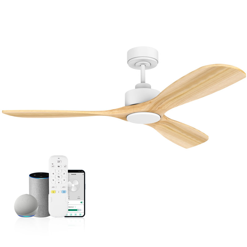 Ventilateur de plafond en bois à 3 pales de 52 po avec lumière, télécommande, WiFi / Alexa, moteur à courant continu silencieux, à intensité variable, intérieur / extérieur