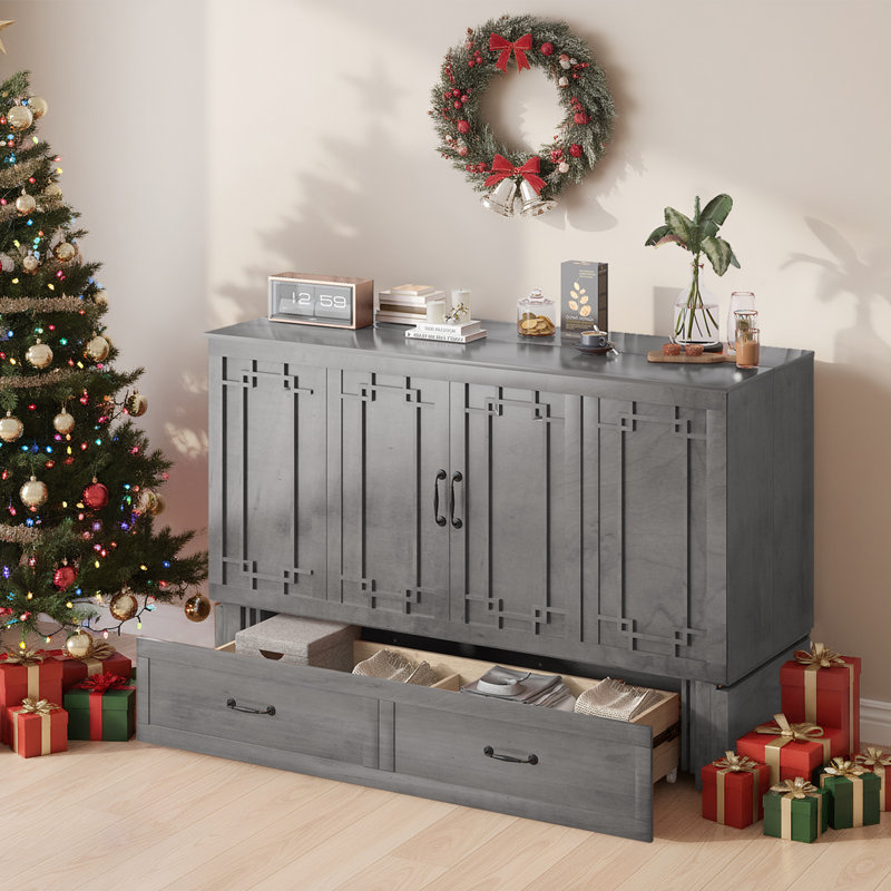  Grand lit escamotable en bois massif avec tiroir et station USB, Gris